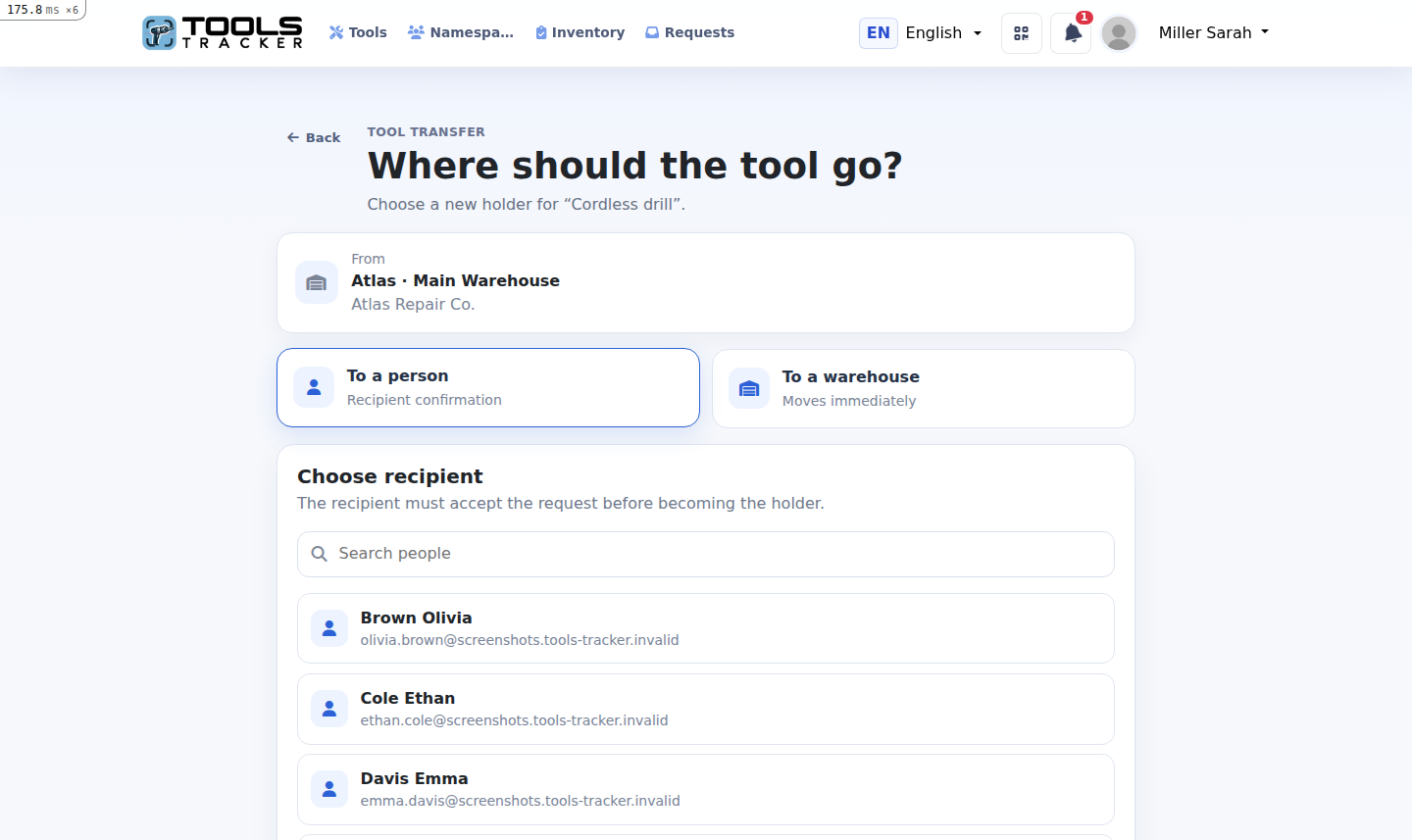 Tools Tracker interface for choosing a tool destination