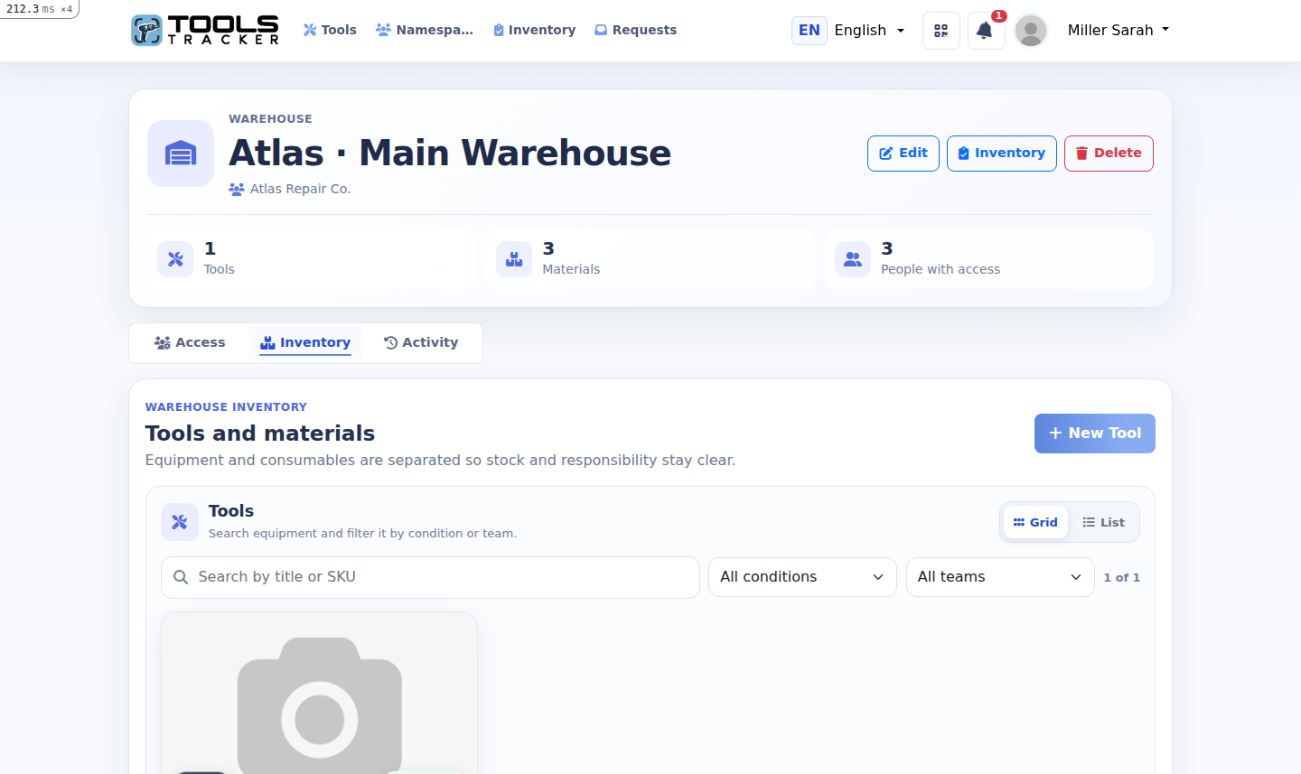 Tools Tracker warehouse with tools, materials and access controls