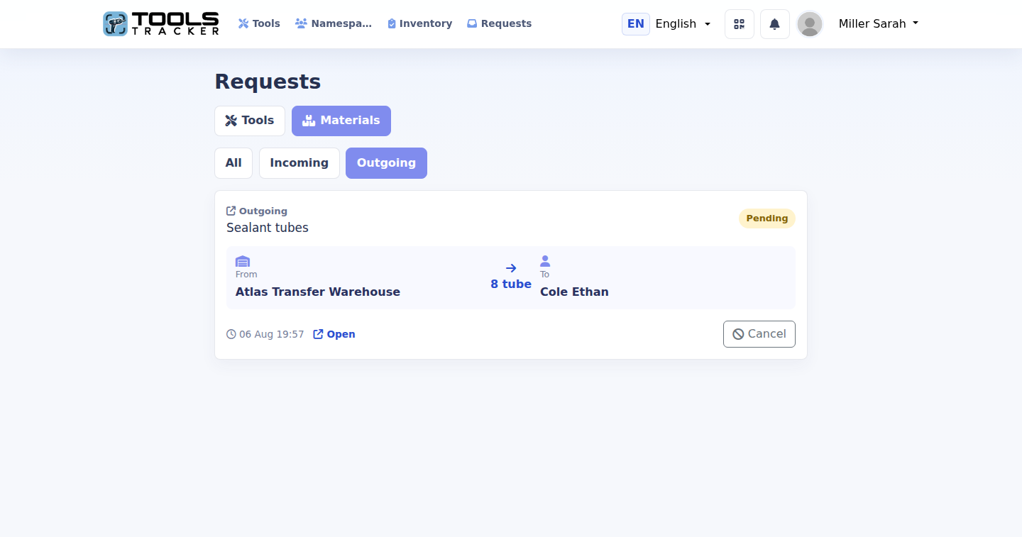 Tools Tracker outgoing material transfer request