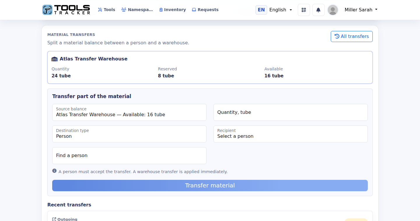Tools Tracker material balance and partial transfer interface