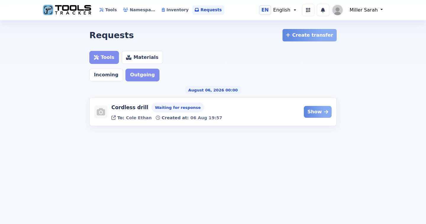 Tools Tracker interface showing outgoing tool requests