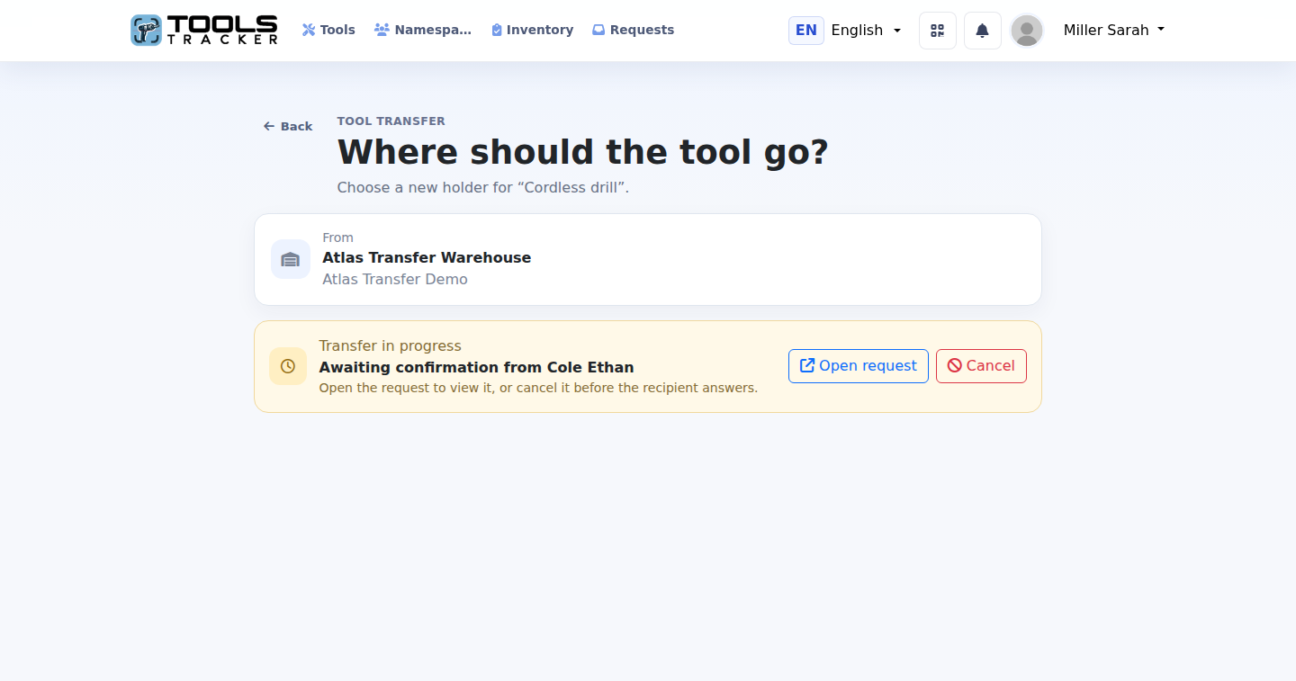 Tools Tracker interface showing a pending tool transfer